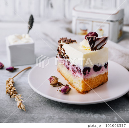 Slice of cherry cheesecake on plate Slice of cherry cheesecake on plate 101008557