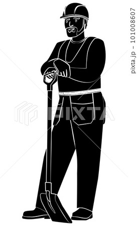 Silhouette of man in work clothes and hard hat stands leaning on shovel, isolated on white. Design element. 101008607