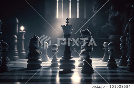 Set of chess pieces element stating on chessboard, queen rook. Cinematic lighting. Leadership, teamwork, partnership, business strategy, and decision concept. 3D rendering. 101008684