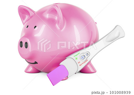 Pregnancy test positive with piggy bank, 3D rendering Pregnancy test positive with piggy bank, 3D rendering 101008939