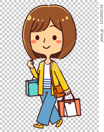 買い物をする女性　全身　イラスト素材 101009238