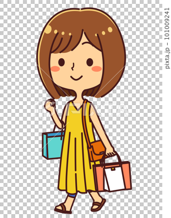買い物をする女性　全身　イラスト素材 101009241