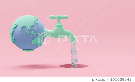 Water tap, Faucet from Earth globe green-blue pastel color on pink background. Designed in minimal concept. 101009245