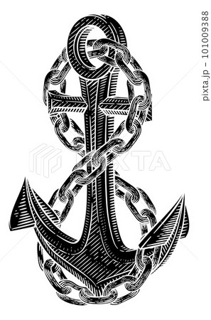 A Ship Anchor And Chain Nautical Woodcut Drawing A Ship Anchor And Chain Nautical Woodcut Drawing 101009388