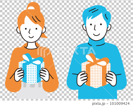 A young woman and a man holding a present with both hands Front A young woman and a man holding a present with both hands Front 101009424
