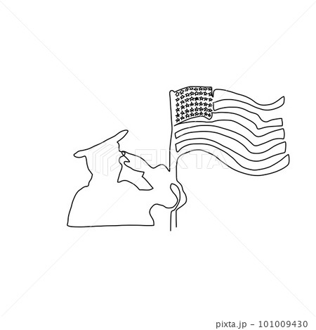 One line Happy Veterans Day minimalist continuous lineart vector illustration.  American's soldiers saluting silhouettes, American flag. 101009430