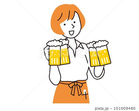 笑顔でビールジョッキを持つエプロンの女性スタッフ 笑顔でビールジョッキを持つエプロンの女性スタッフ 101009480