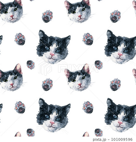 Bicolor black and white cat faces and paws seamless pattern. Watercolor painting on white background Bicolor black and white cat faces and paws seamless pattern. Watercolor painting on white background 101009596