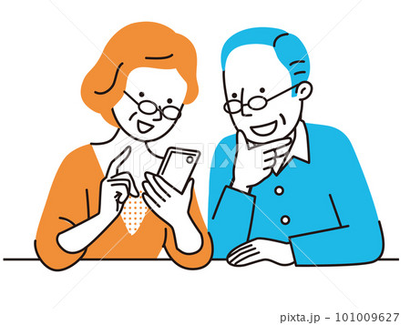 メガネを掛けてスマホを見るシニア夫婦のイラスト素材 101009627