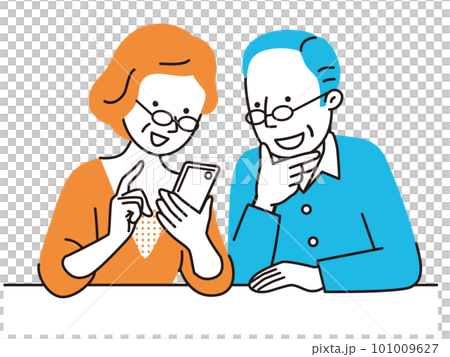 メガネを掛けてスマホを見るシニア夫婦のイラスト素材 101009627