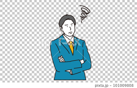 A young man in a suit who is in trouble with his arms folded A young man in a suit who is in trouble with his arms folded 101009808
