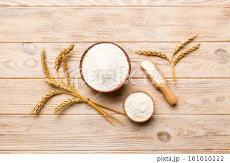 Flat lay of Wheat flour in wooden bowl with wheat spikelets on colored background. world wheat crisis 101010222