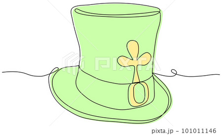 Green Leprechaun hat with golden clover in one line on a white background. Conceptual image for St. Patrick's Day. Stock vector illustration with editable stroke. 101011146