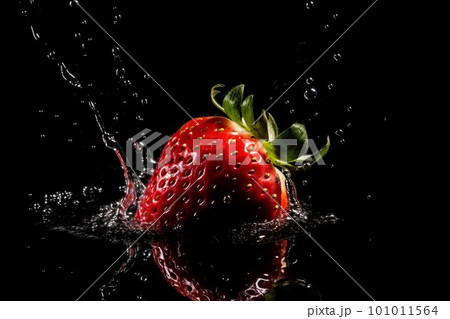 Strawberry on black background. Fruit with water drops. Generate Ai 101011564