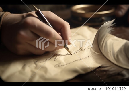 Poet writes concept. Vintage parchment on wooden table. Generate Ai 101011599