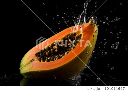 Papaya on black background. Fruit with water drops. Generate Ai 101011647
