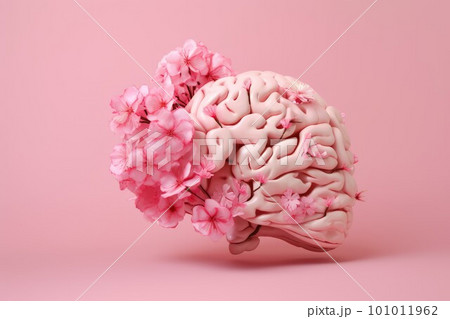 Mental health brain on pink background. Flower human health. Generate Ai Mental health brain on pink background. Flower human health. Generate Ai 101011962