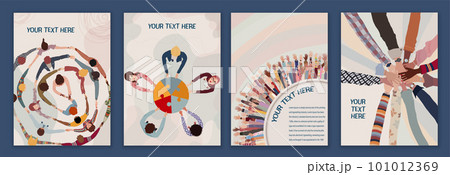 Volunteer people concept brochure leaflet poster editable template. Raised arms and hands up multicultural people. People diversity in a circle with hands on top of each other top view 101012369