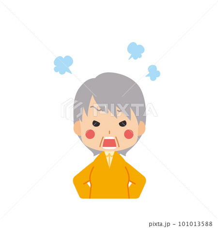 プンプン怒っている可愛いシニア女性のイラスト　上半身　白背景　人物　ベクター 101013588