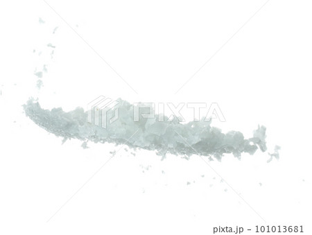 Salt rock flower fly explosion, white Salt rock flower explode abstract cloud fly. Big size ground salt splash in air, food object element design. White background isolated high speed freeze motion 101013681