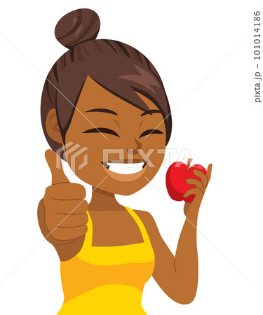 Girl Eating Red Apple Gesturing Thumb Up 101014186