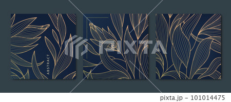 Vector set of abstract luxury golden square cards, post templates for social net, leaves botanical modern, art deco background. Pattern, texture for print, invitation, package design 101014475