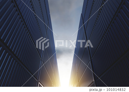 Lots of long cargo containers stacked at the terminal/port for import export business. Logistics, unloading, loading, storage, cargo sorting Lots of long cargo containers stacked at the terminal/port for import export business. Logistics, unloading, loading, storage, cargo sorting 101014832