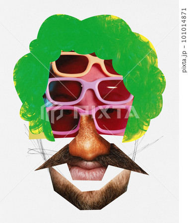 Pun looking human face made of different people face parts mixed in funny way. looking like meme. Contemporary art collage. Conceptual abstract design. Pun looking human face made of different people face parts mixed in funny way. looking like meme. Contemporary art collage. Conceptual abstract design. 101014871