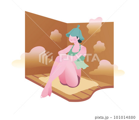 サウナ活動を楽しむ女子のイラスト サウナハット サ道 101014880