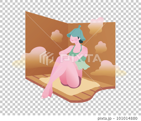 サウナ活動を楽しむ女子のイラスト サウナハット サ道 101014880