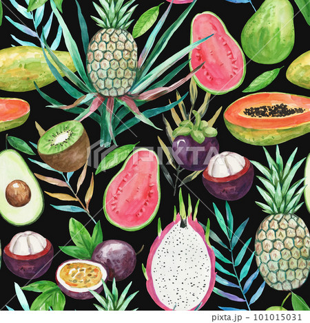 Bright colorful seamless pattern with watercolor tropical fruits. Hand drawn illustration for textile print, design and wallpaper. Bright colorful seamless pattern with watercolor tropical fruits. Hand drawn illustration for textile print, design and wallpaper. 101015031