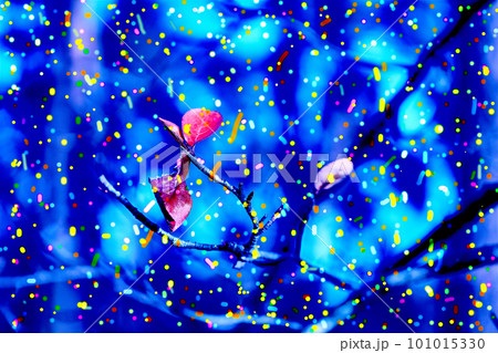 Blue abstract watercolor background with leaves and branches, colorful dots 101015330