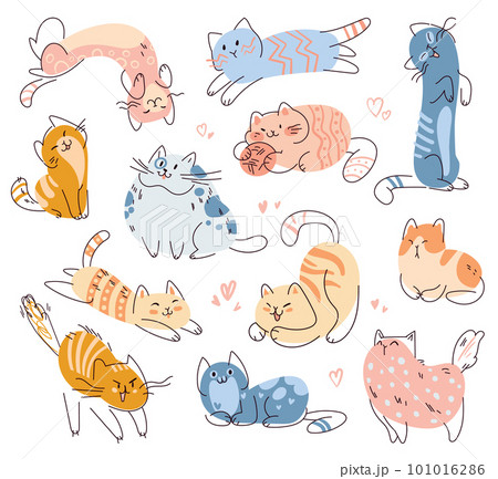Set of cute cats in different poses. Seamless baby pattern in a kids doodle style Set of cute cats in different poses. Seamless baby pattern in a kids doodle style 101016286