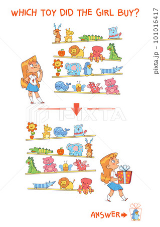 Find the differences puzzle game. Which toy did the girl buy. Puzzle Hidden Items. Educational game for children 101016417