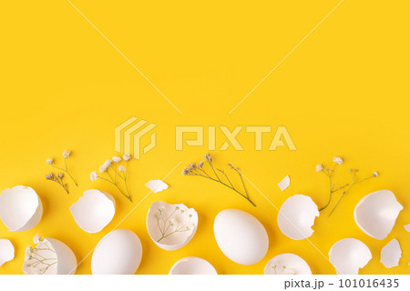 White Easter eggs and shells on a bright yellow background. 101016435