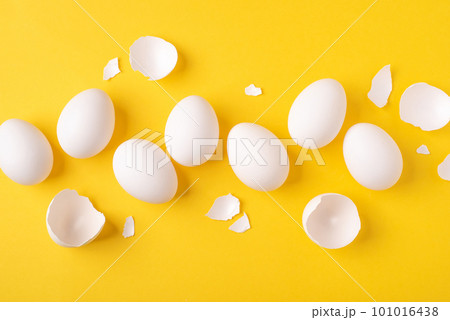 White Easter eggs and shells on a bright yellow background. 101016438