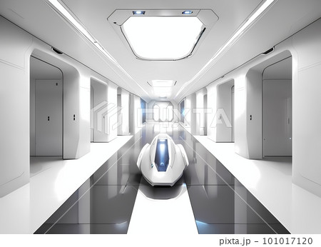 sci-fi futuristic interior of a white space station. Concept art illustration 101017120