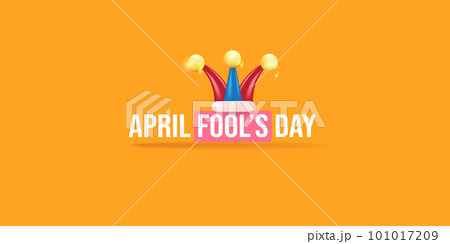 April fools day vector banner with funny clown hat and greeting text isolated on orange background. April fools day label, sticker and funky poster design template. Fools day logo and icon April fools day vector banner with funny clown hat and greeting text isolated on orange background. April fools day label, sticker and funky poster design template. Fools day logo and icon 101017209