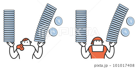 積み上げられたお金を両手で持つ女性とパートタイムワーカー セット イラスト素材 積み上げられたお金を両手で持つ女性とパートタイムワーカー セット イラスト素材 101017408