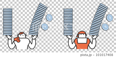 積み上げられたお金を両手で持つ女性とパートタイムワーカー セット イラスト素材 積み上げられたお金を両手で持つ女性とパートタイムワーカー セット イラスト素材 101017408