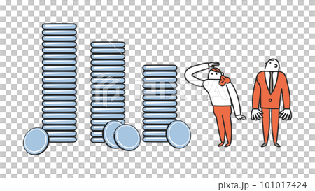 一個女人和一個男人起草一份提案，看著堆積如山的硬幣年收入牆插圖素材 101017424