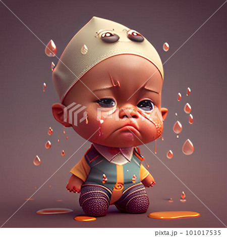 cartoon little girl in cap crying with tears on his face, 3d illustration 101017535