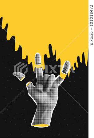 Collage banner with halftone effect hand with gesture Rock. Ripped off fingers and sweat. Textured background with abstract space and stars. Psychedelic poster. New Wave. Punk. Collage banner with halftone effect hand with gesture Rock. Ripped off fingers and sweat. Textured background with abstract space and stars. Psychedelic poster. New Wave. Punk. 101018472