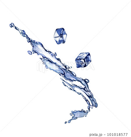 Blue water splashing with ice cubes isolated on white background. Watercolor handrawing beauty illustration. Art design 101018577