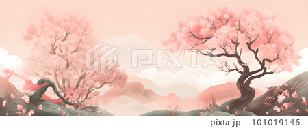 Pink blooming sakura tree brunches Japandi style 101019146