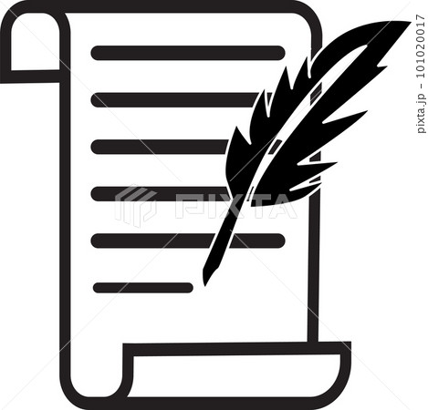 writing on a scroll with a feather quill pen icon. vintage Feather quill pen logo sign. black sign literature symbol. flat style. writing on a scroll with a feather quill pen icon. vintage Feather quill pen logo sign. black sign literature symbol. flat style. 101020017