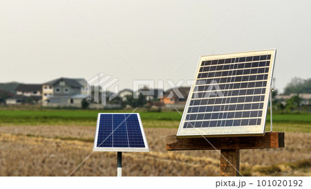 Small photovoltaic installed on a pole in remote houses to provide power for doing activities 101020192