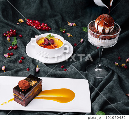 creme brulee dessert, tiramisu and sacher dessert 101020482