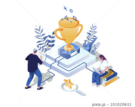 Gamification in learning concept 3d isometric web scene. People studying, achieved new level and completing challenges for winning awards and trophy cup. Vector illustration in isometry graphic design 101020631