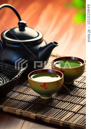 Asian tea set. Japanese teapot and cups on bamboo mat. Hot tea in pot and teacups Asian tea set. Japanese teapot and cups on bamboo mat. Hot tea in pot and teacups 101020649